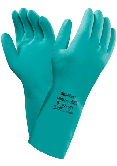 Green Ansell Solvex 37-675 flocked-lined chemical resistant glove.