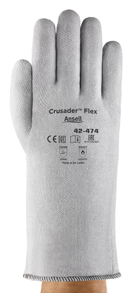 A pair of grey Ansell Crusader Flex 42-474 heat-resistant gloves, size XL.