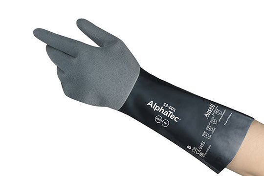 Ansell AlphaTec 53-001 Grey chemical and cut-resistant glove with black grip.