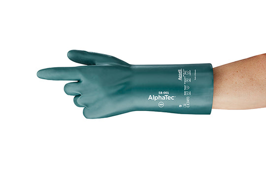 Green Ansell AlphaTec 58-001 chemical resistant gauntlet glove.