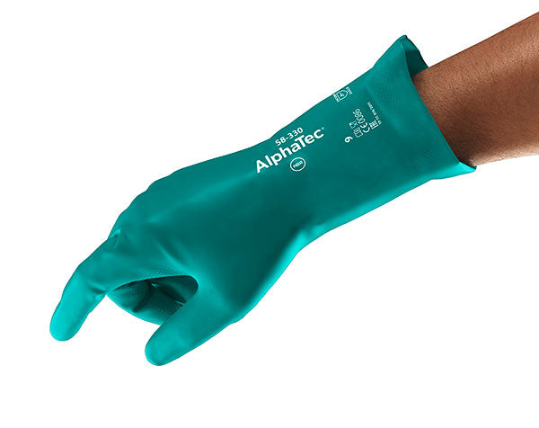 Blue Ansell AlphaTec 58-330 chemical resistant work glove.