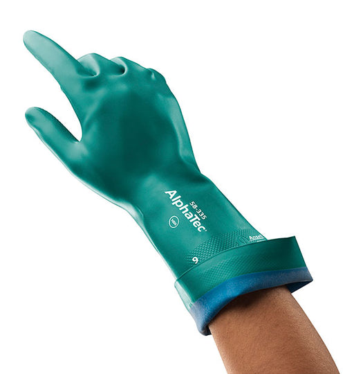 Green Ansell AlphaTec 58-335 chemical resistant glove, palm view.