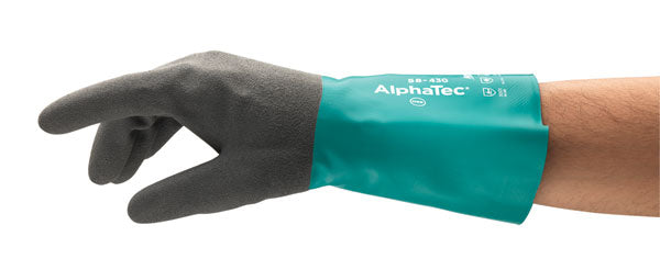 Ansell AlphaTec 58-430 grey chemical resistant glove with black coating.