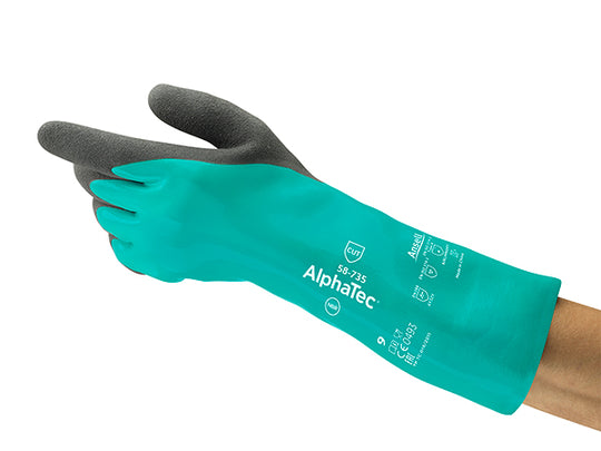 Green and black Ansell AlphaTec 58-735 chemical resistant glove, front view.
