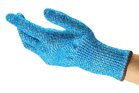 A single blue Ansell HyFlex 74-500 single-use food processing glove.