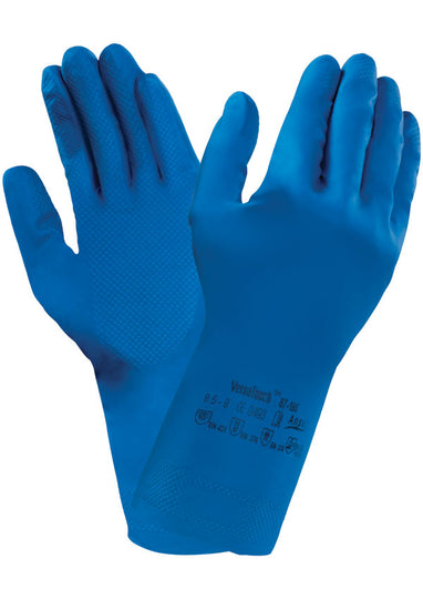 Blue Ansell VersaTouch 87-195 natural latex glove for food handling.