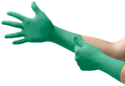 A single green Ansell Touch-N-Tuff 92-605 disposable nitrile glove.
