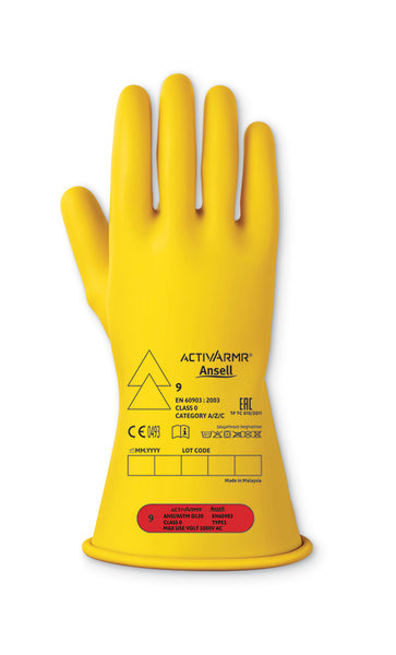 Yellow Ansell RIG011Y Class 0 low voltage electrical insulating glove.