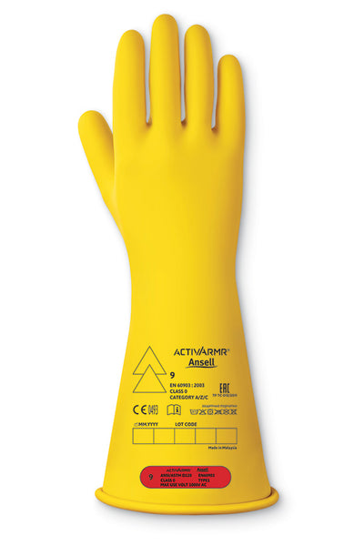 A single yellow Ansell RIG014Y Class 0 low voltage electrical glove.