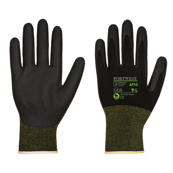 A pair of grey and black Portwest NPR15 foam nitrile bamboo gloves.