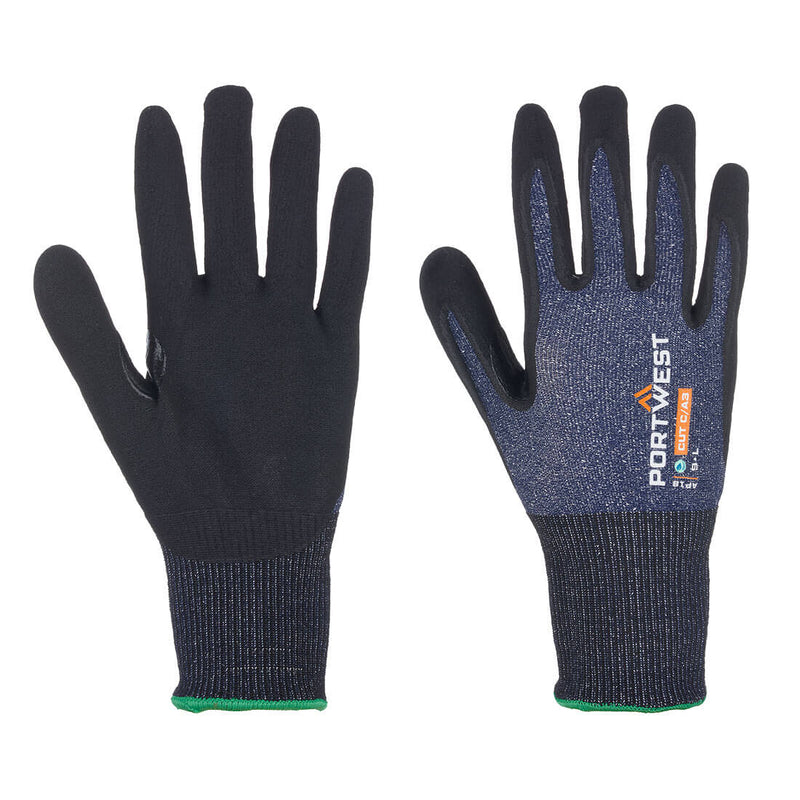 A pair of Portwest SG Cut C15 nitrile gloves in blue and black.