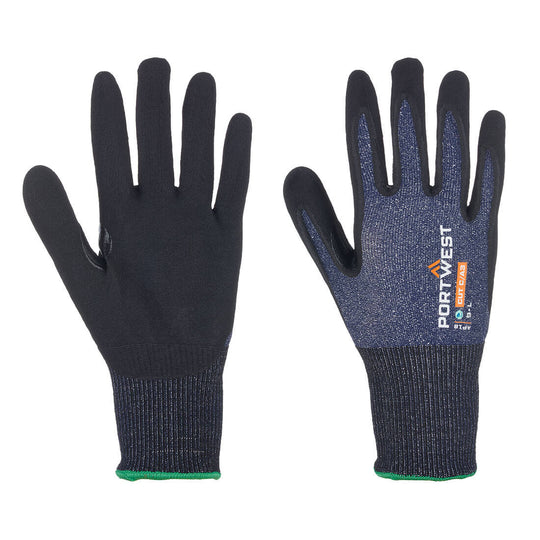 A pair of Portwest SG Cut C15 nitrile gloves in blue and black.