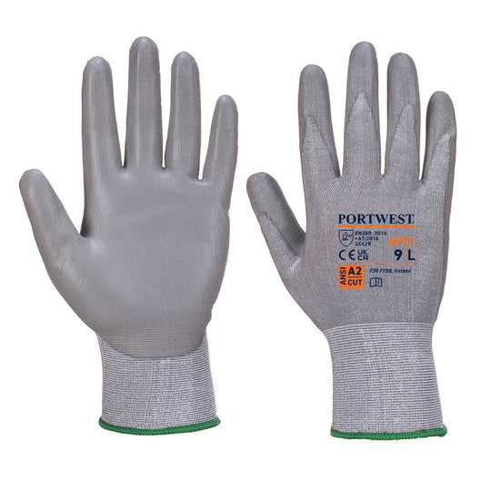 A pair of grey and black Portwest Senti-Cut Lite gloves.
