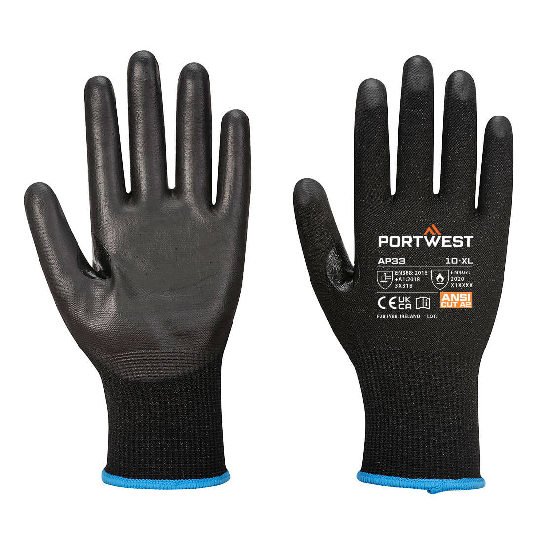A pair of grey and black Portwest LR15 PU touchscreen gloves.