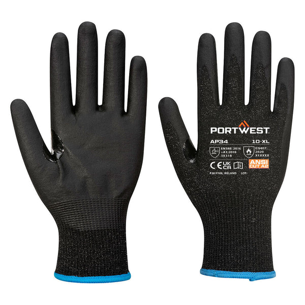 A pair of grey and black Portwest LR15 nitrile foam touchscreen gloves.