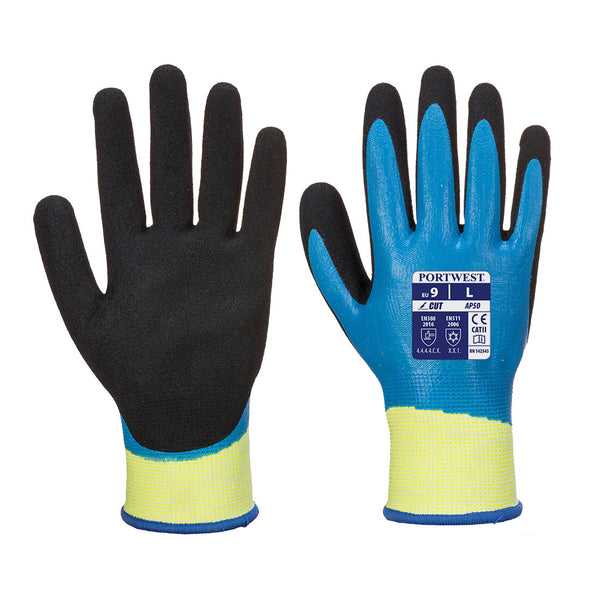A pair of blue and black Portwest Aqua-Cut Pro gloves.