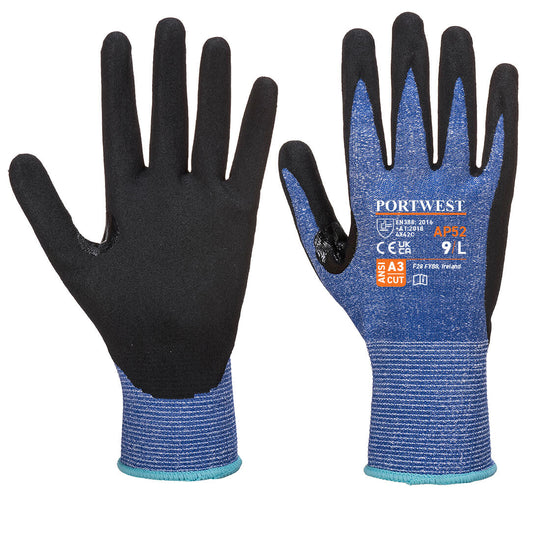 A pair of blue and black Portwest Dexti-Cut Ultra gloves.
