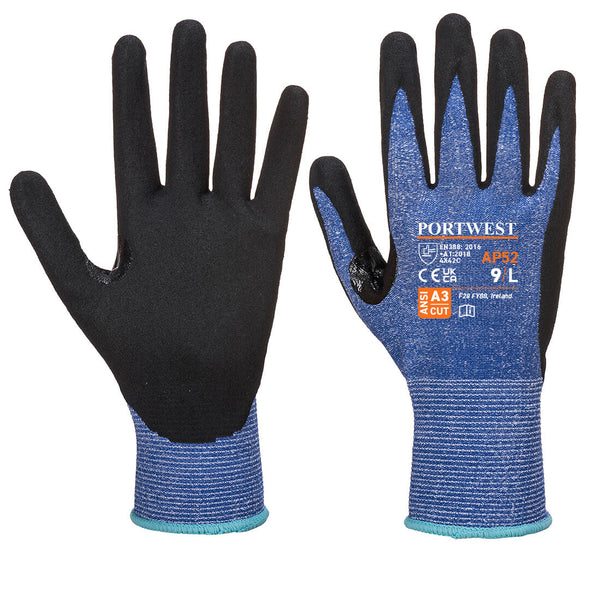 A pair of blue and black Portwest Dexti-Cut Ultra gloves.
