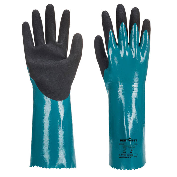 A pair of blue and black Portwest Sandy Grip Lite gauntlets.