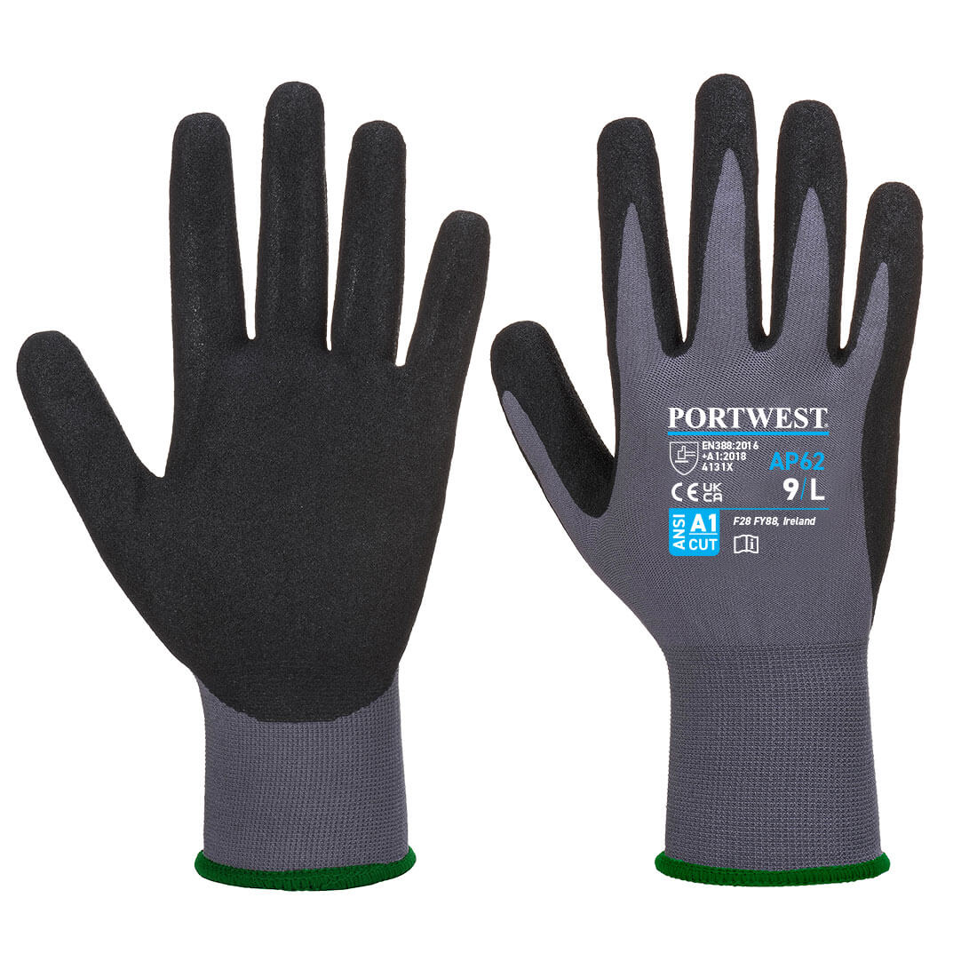 A pair of grey and black Portwest Dermiflex Aqua gloves.