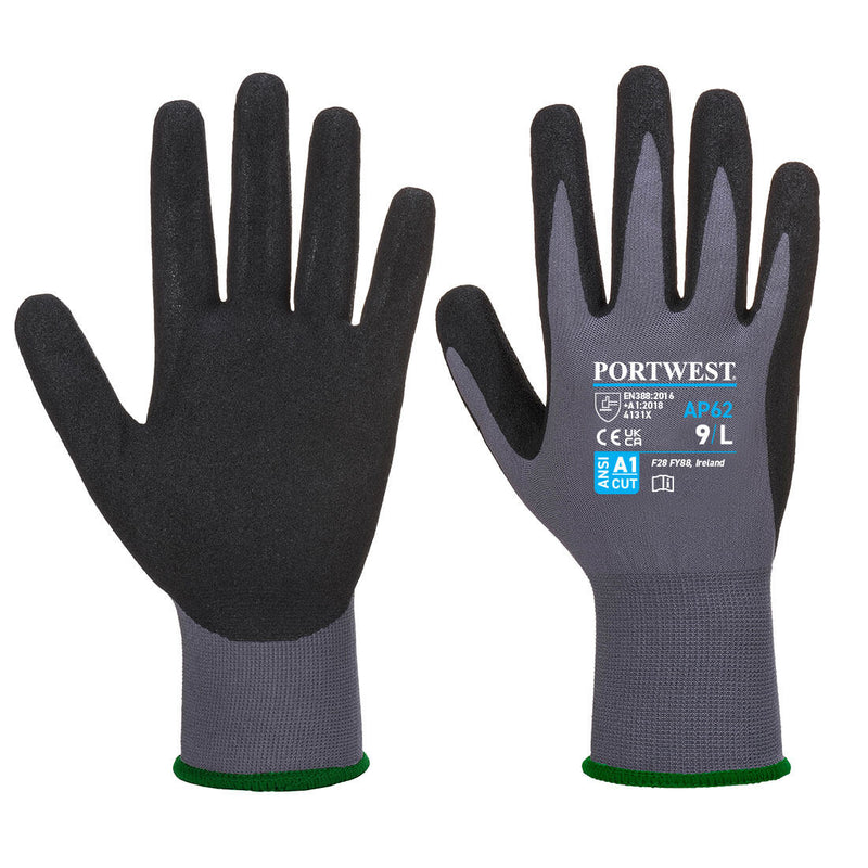 A pair of grey and black Portwest Dermiflex Aqua gloves.