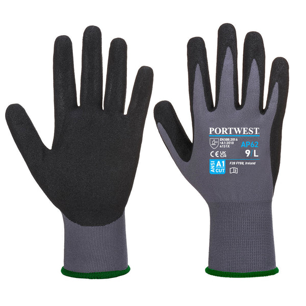 A pair of grey and black Portwest Dermiflex Aqua gloves.