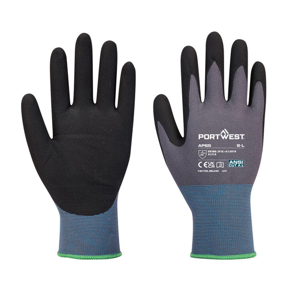 A pair of black and grey Portwest NPR Pro Nitrile Foam gloves.