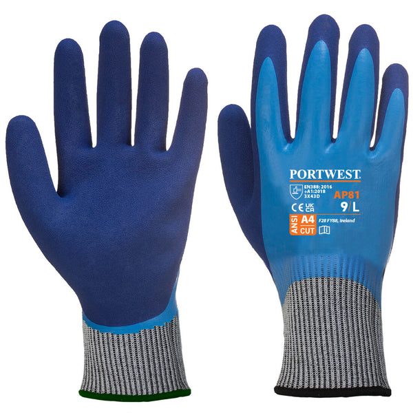 A pair of blue and black Portwest Liquid Pro HR Cut gloves.