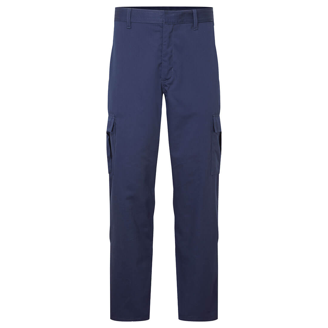 Navy blue straight-leg cargo trousers with side flap pockets
