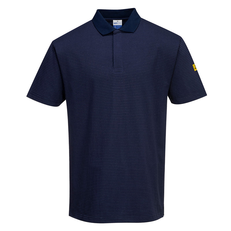 Navy Portwest Anti-Static ESD Polo Shirt (AS21). Front view on a simple studio background.