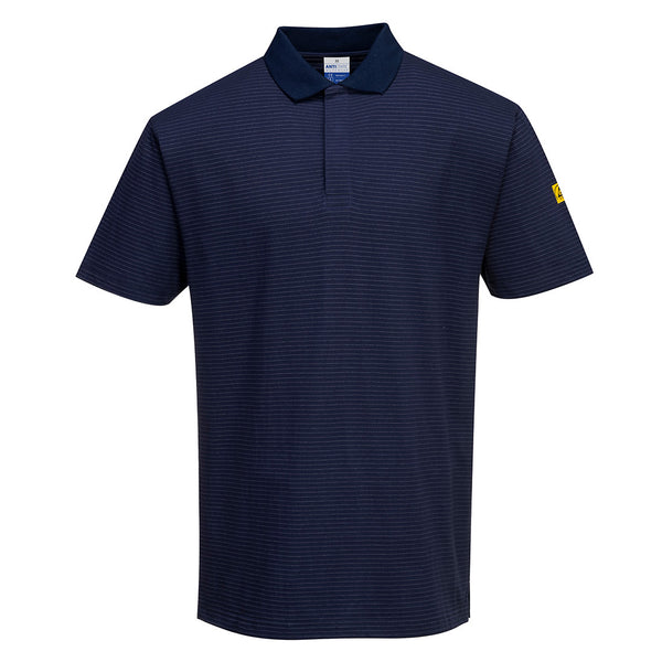 Navy Portwest Anti-Static ESD Polo Shirt (AS21). Front view on a simple studio background.