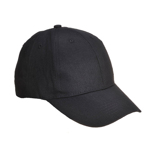 Portwest Six-Panel Baseball Cap (B010) in solid black. Angled side view.