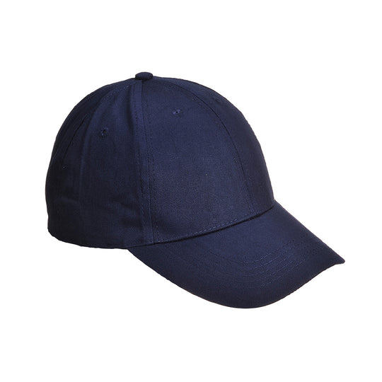 Navy blue Portwest Six-Panel Baseball Cap (B010) shown from the side.