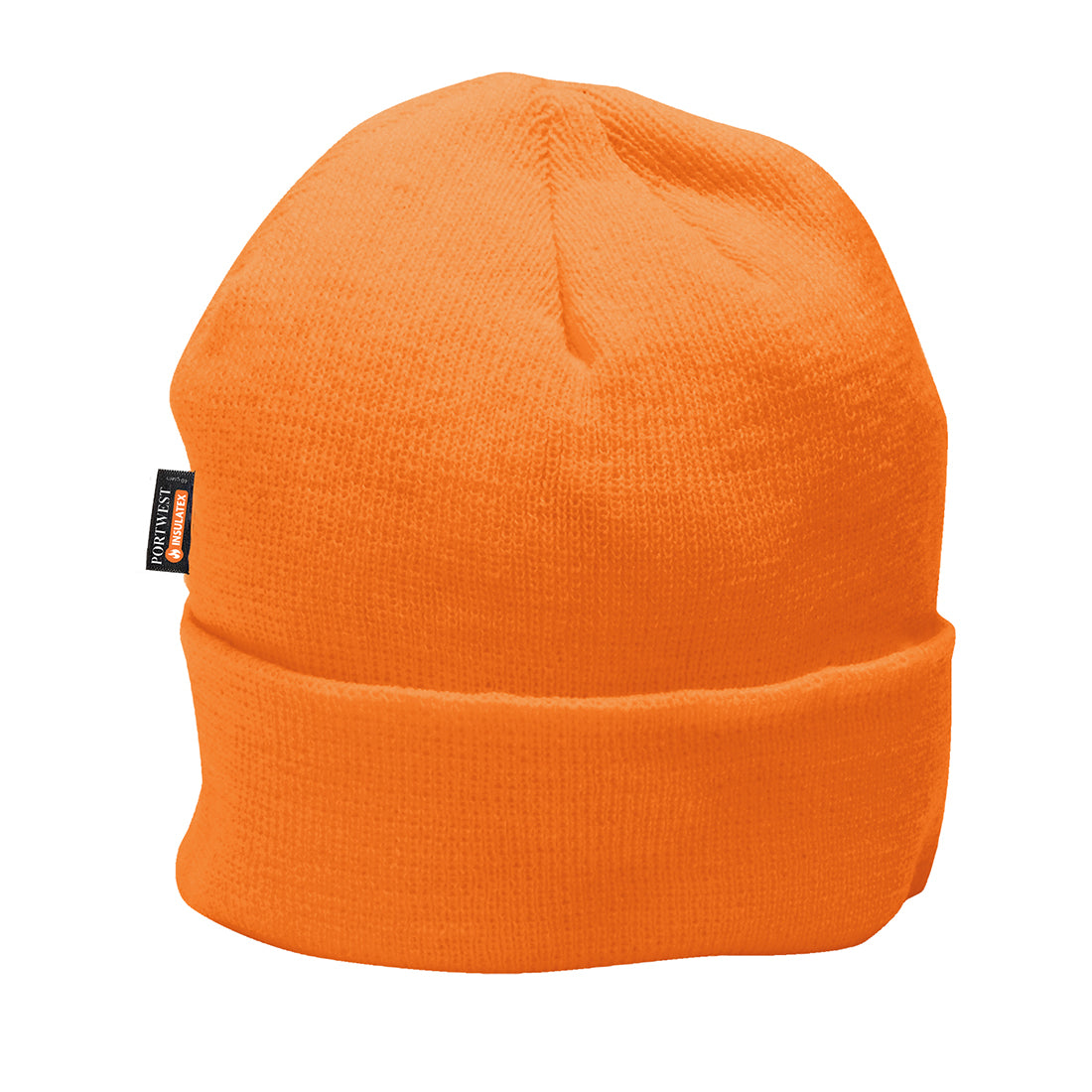 Bright orange Portwest Knit Hat (B013) with soft Insulatex lining for warmth.