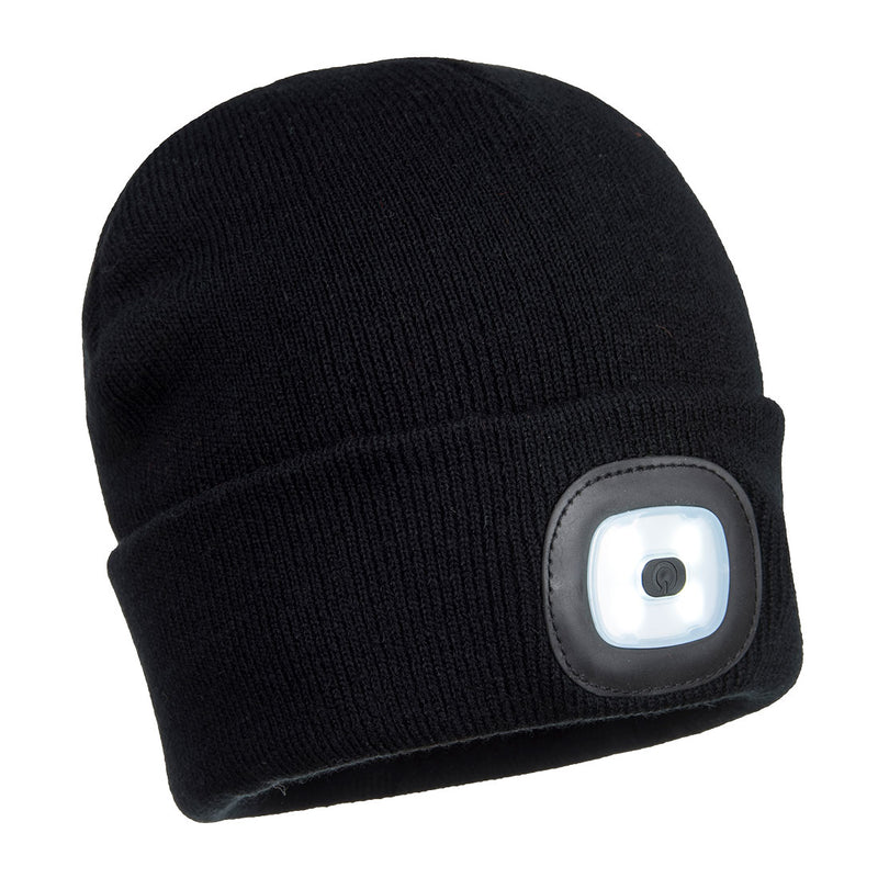 Black Portwest B029 beanie with a central USB rechargeable LED head light.
