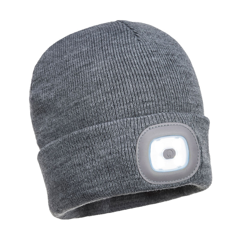Grey Portwest B029 beanie with a central USB rechargeable LED head light.