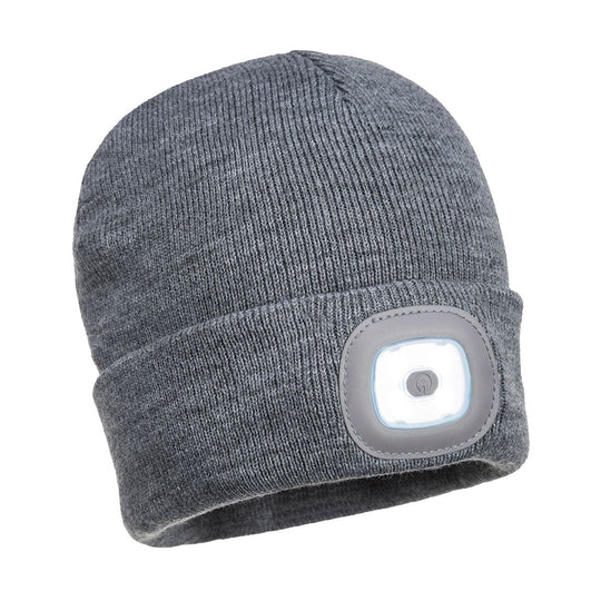 Grey Portwest B029 beanie with a central USB rechargeable LED head light.