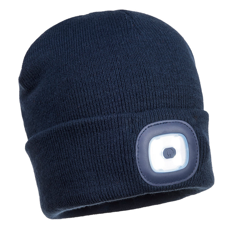Navy Portwest B029 beanie with a central USB rechargeable LED head light.