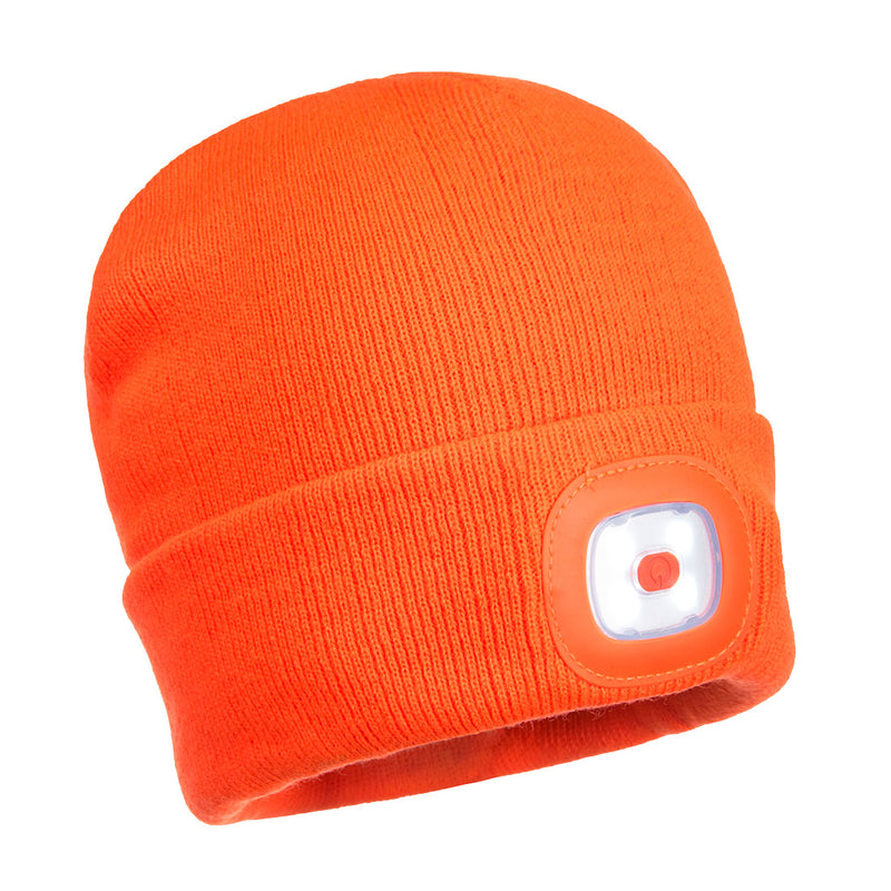 Orange Portwest B029 beanie with a central USB rechargeable LED head light.