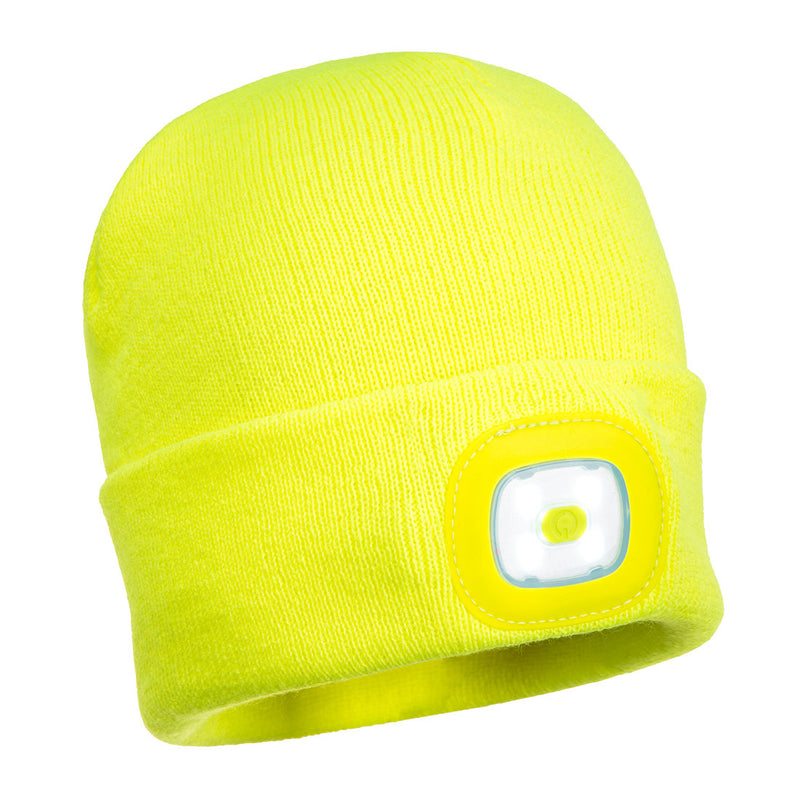 Yellow Portwest B029 beanie with a central USB rechargeable LED head light.