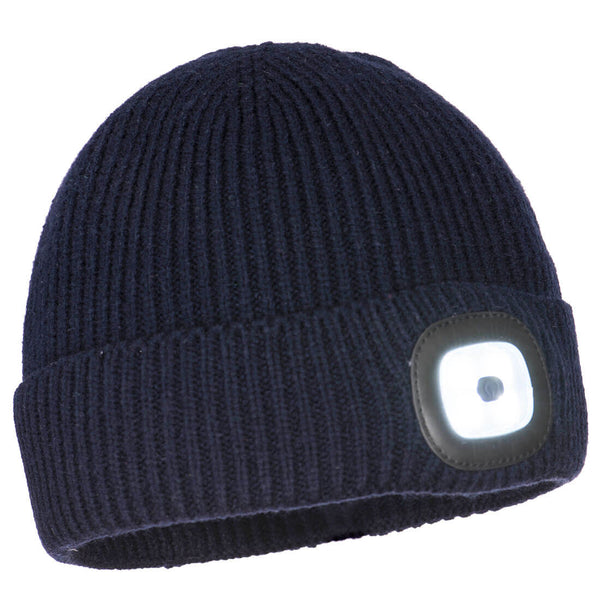 Portwest Workman's LED Beanie (B033) in navy with the front light visible.