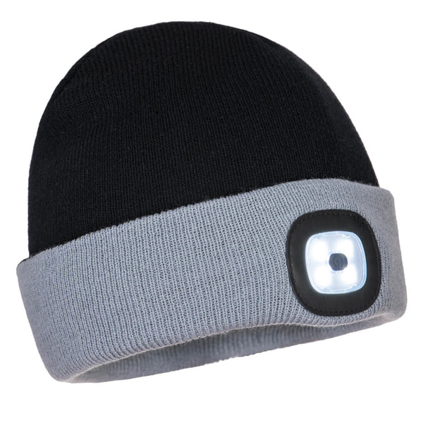 Black and grey Portwest Two-Tone LED Rechargeable Beanie (B034).
