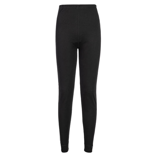 Black ribbed thermal leggings with elastic waistband and ankle cuffs, front view