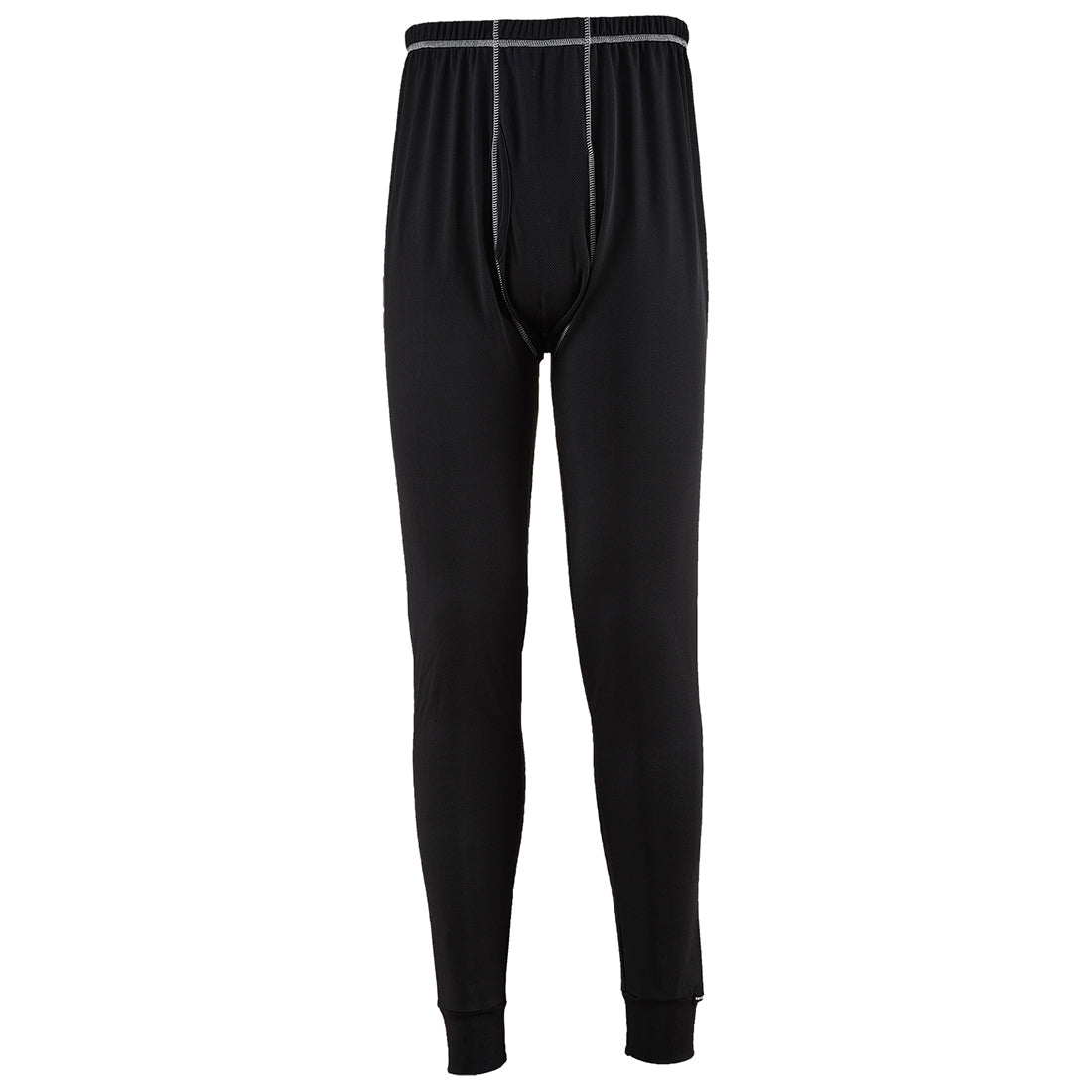Black waffle-knit thermal leggings with gray flatlock seams and elastic waistband, front view