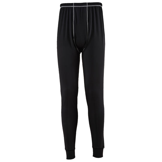 Black waffle-knit thermal leggings with gray flatlock seams and elastic waistband, front view