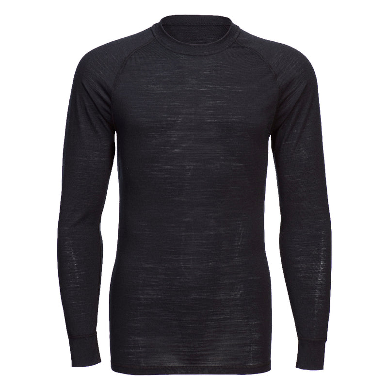 The Portwest Merino Wool Crewneck Long Sleeve T-Shirt B183 in black, shown on a mannequin.