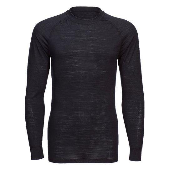 The Portwest Merino Wool Crewneck Long Sleeve T-Shirt B183 in black, shown on a mannequin.
