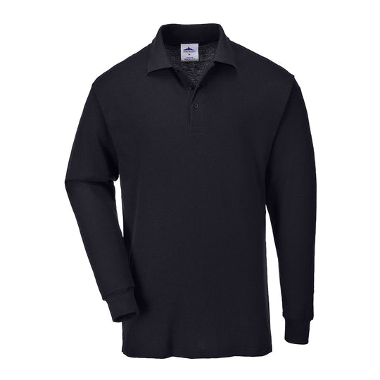 Front view of the black Portwest Genoa Long-Sleeved Polo Shirt B212 with a three-button placket.