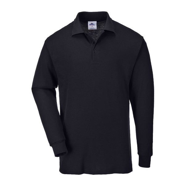 Front view of the black Portwest Genoa Long-Sleeved Polo Shirt B212 with a three-button placket.