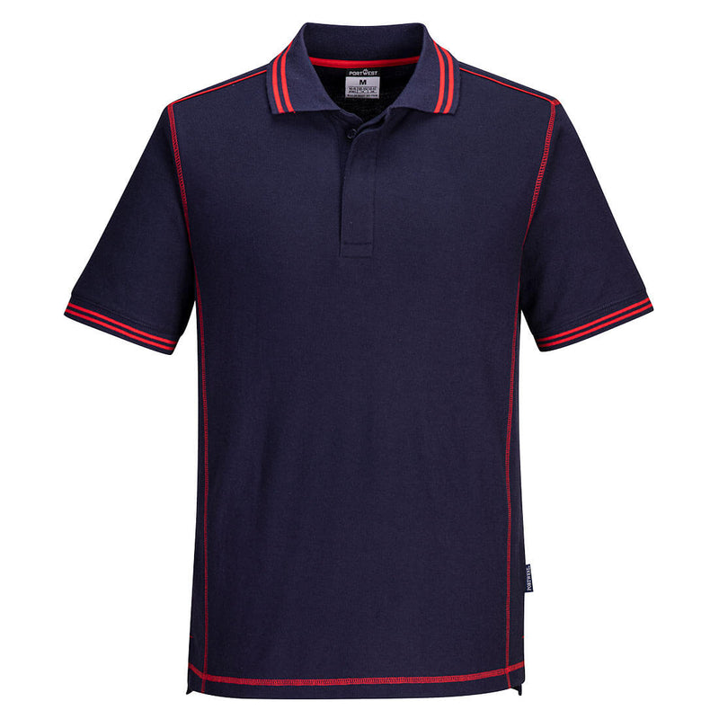 Portwest Essential Two-Tone Polo B218 in navy blue with red accents on the shoulders and collar.